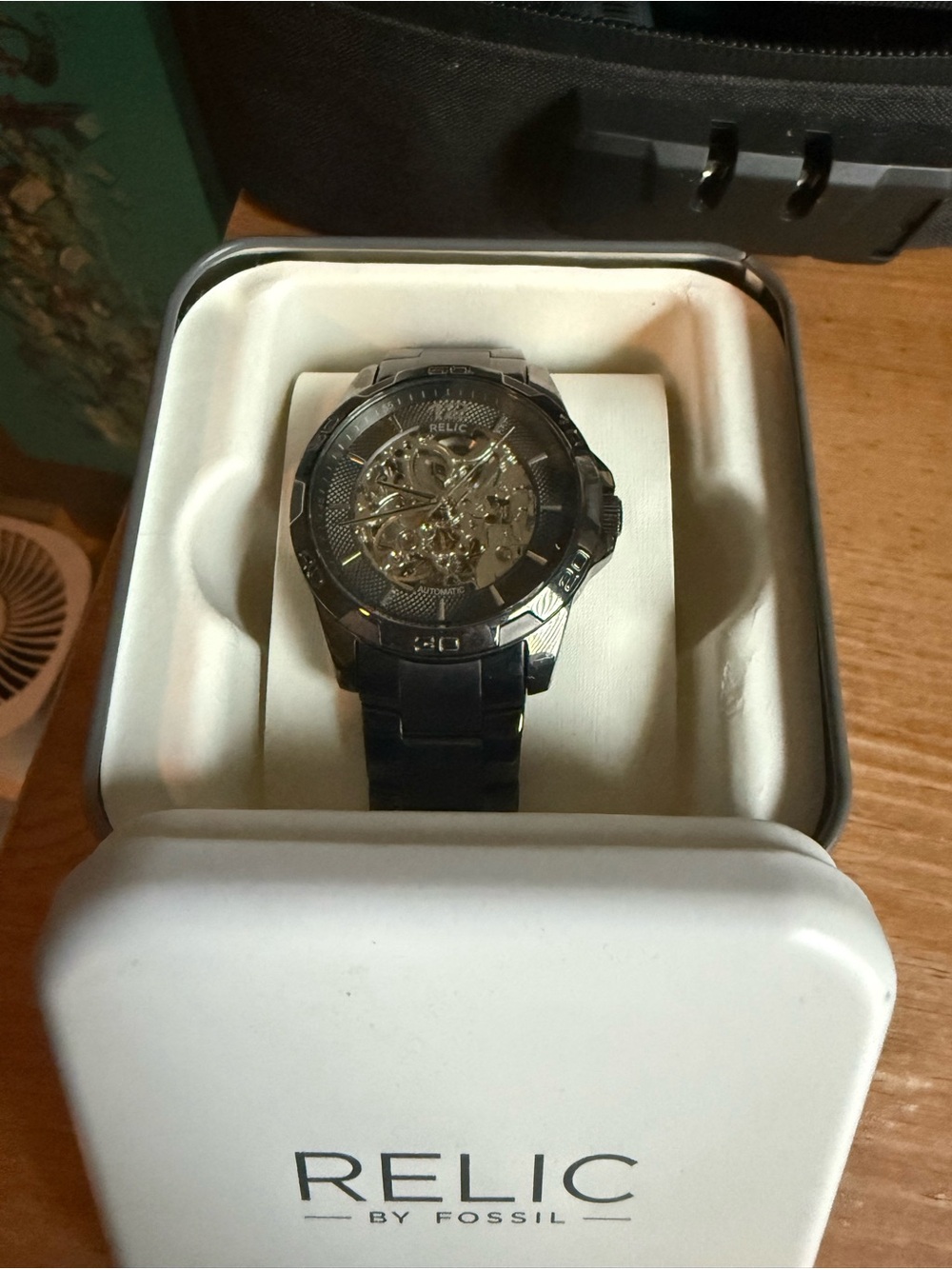 Relic Black Stainless Steel Skeleton Dial Watch